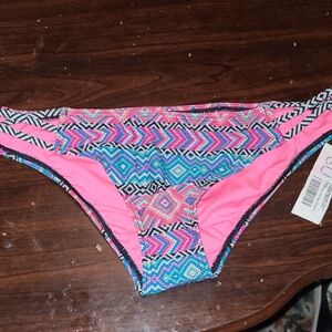Bright Aztec Print Bikini Bottom with Neon Pink Panels